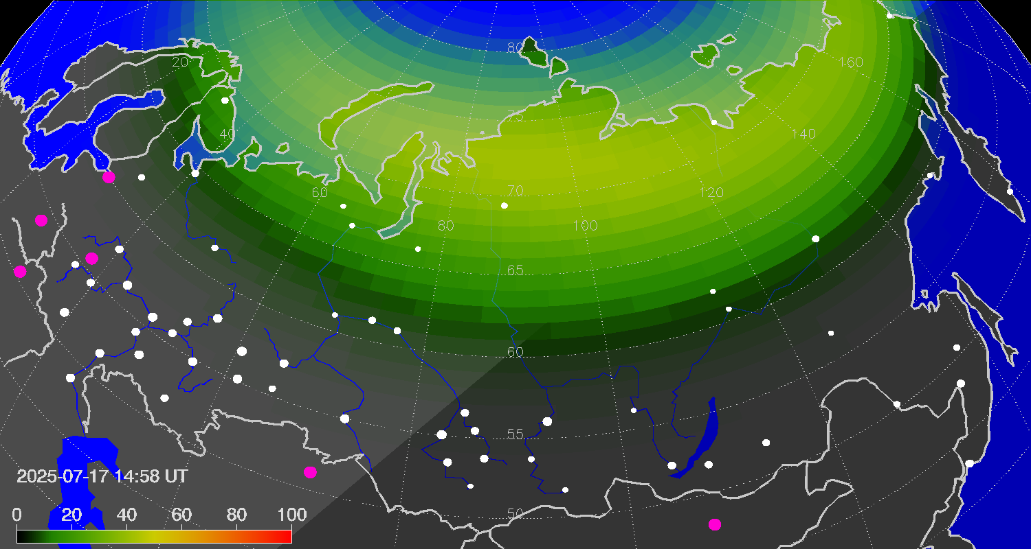 Northern lights (auroras) over Russian Federation