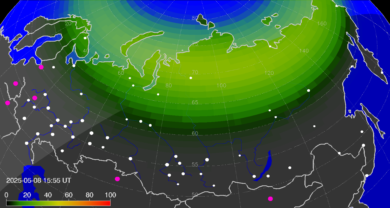 Northern lights (auroras) over Russian Federation