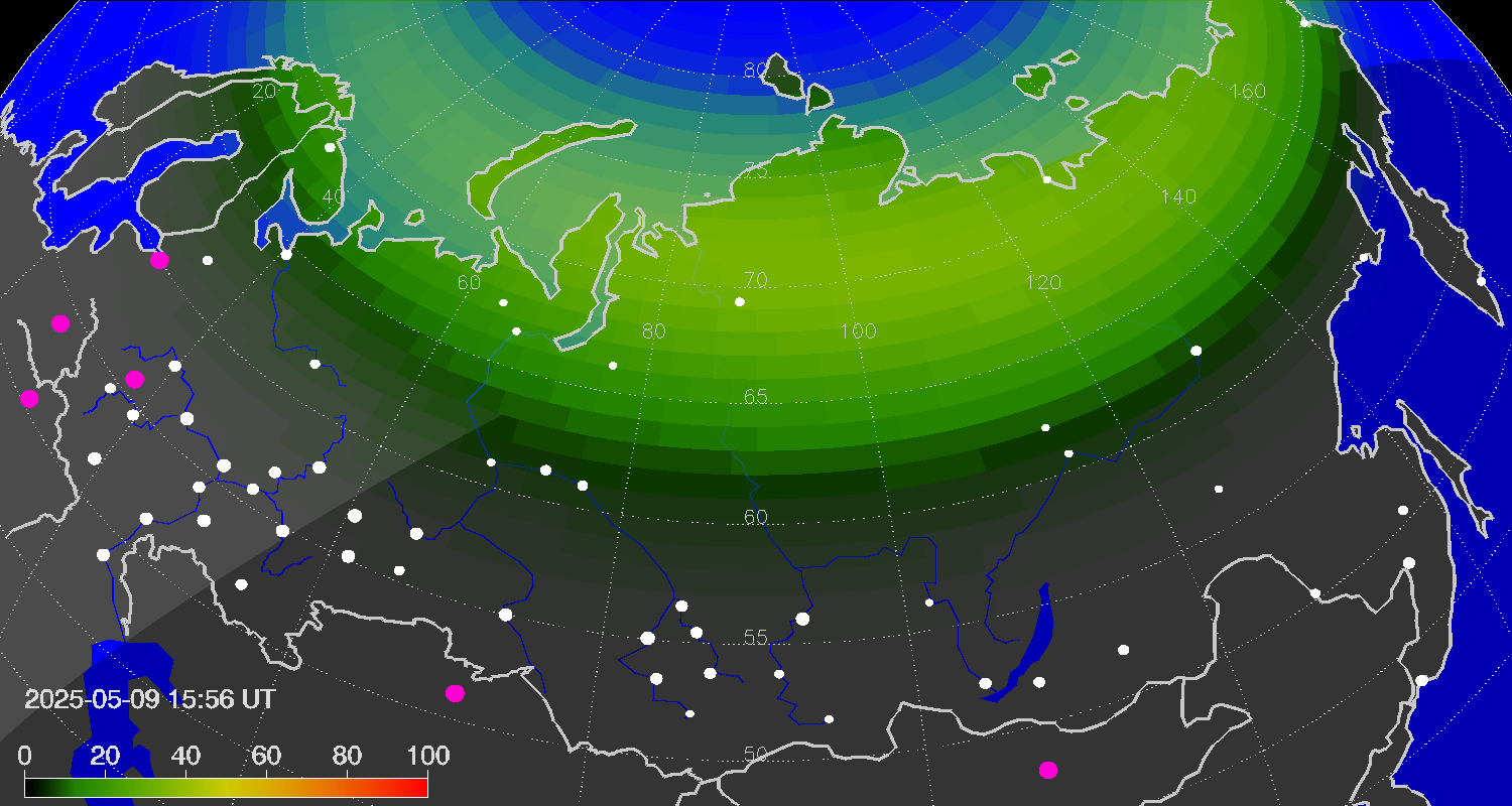 Northern lights (auroras) over Russian Federation