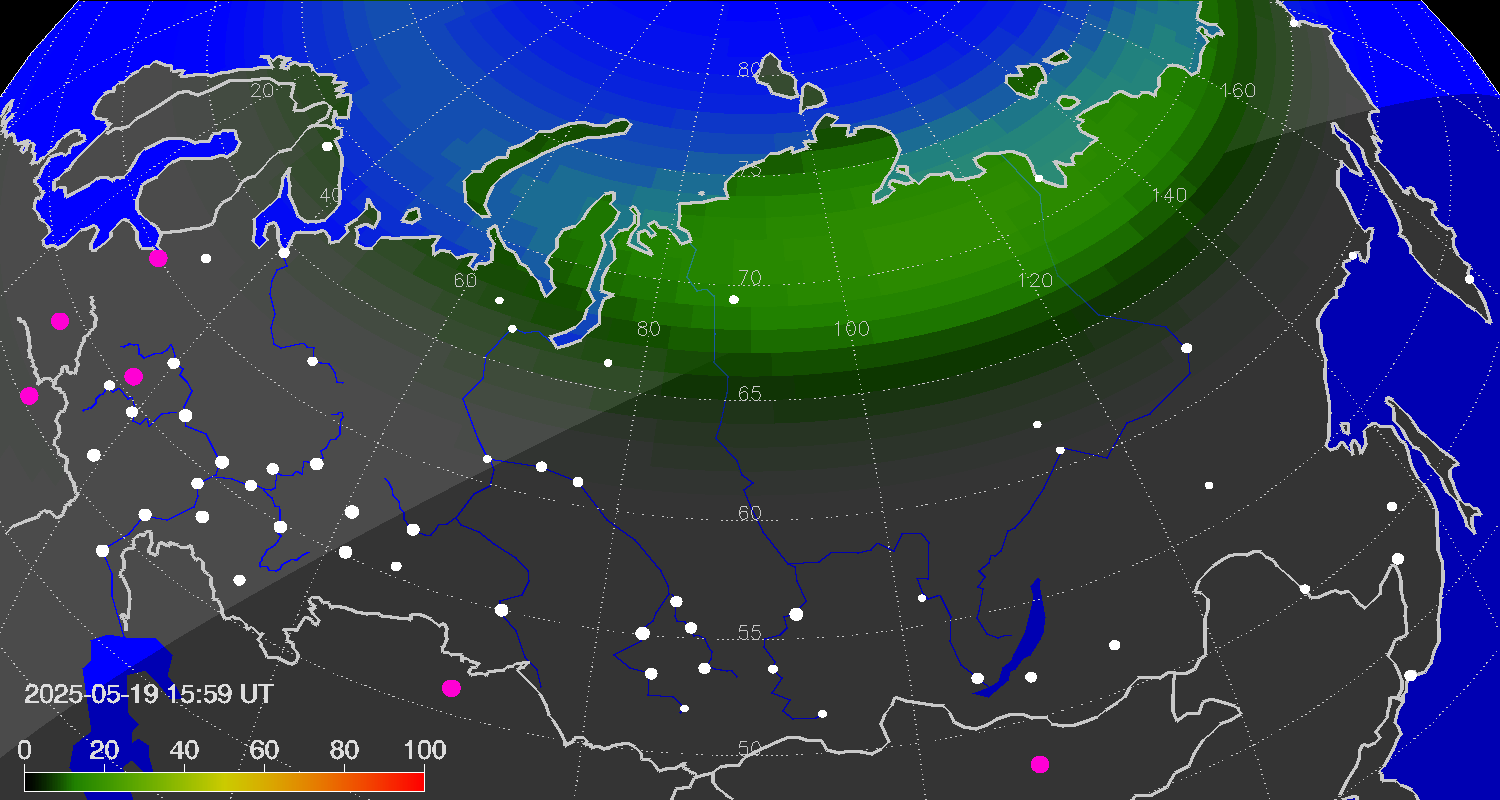 Northern lights (auroras) over Russian Federation