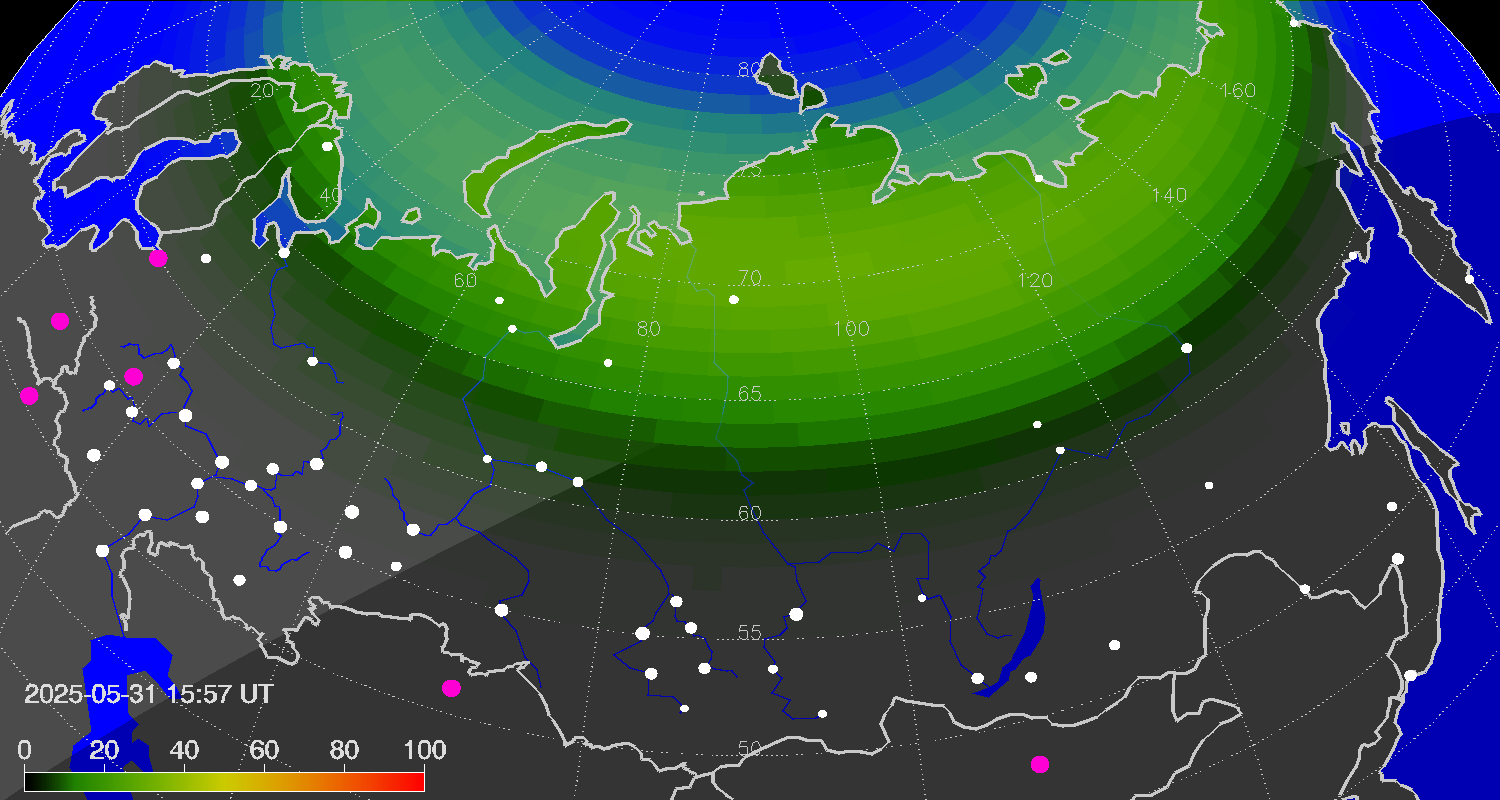 Northern lights (auroras) over Russian Federation