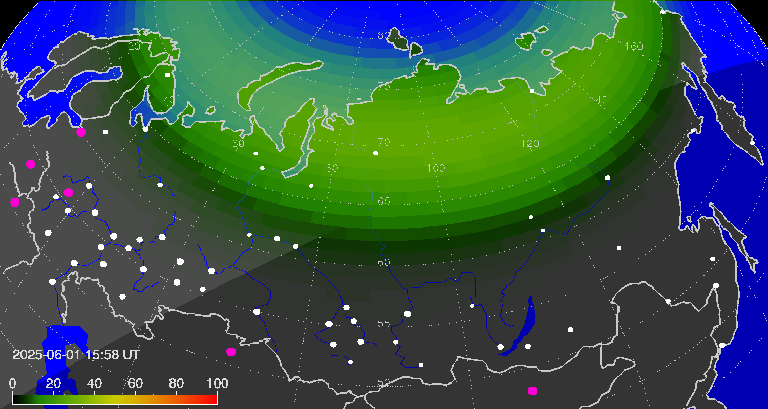 Northern lights (auroras) over Russian Federation
