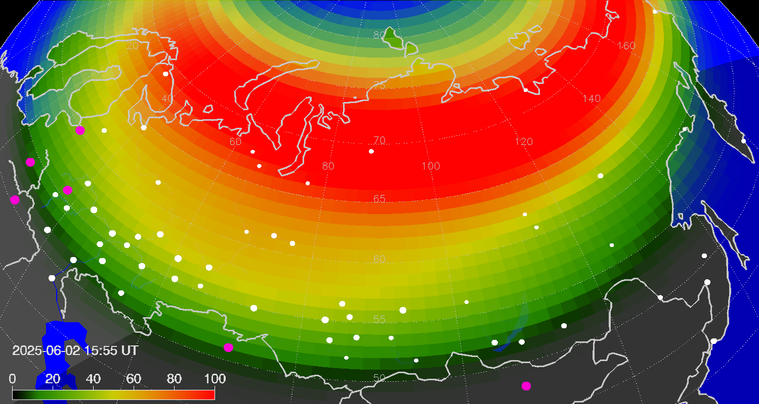 Northern lights (auroras) over Russian Federation