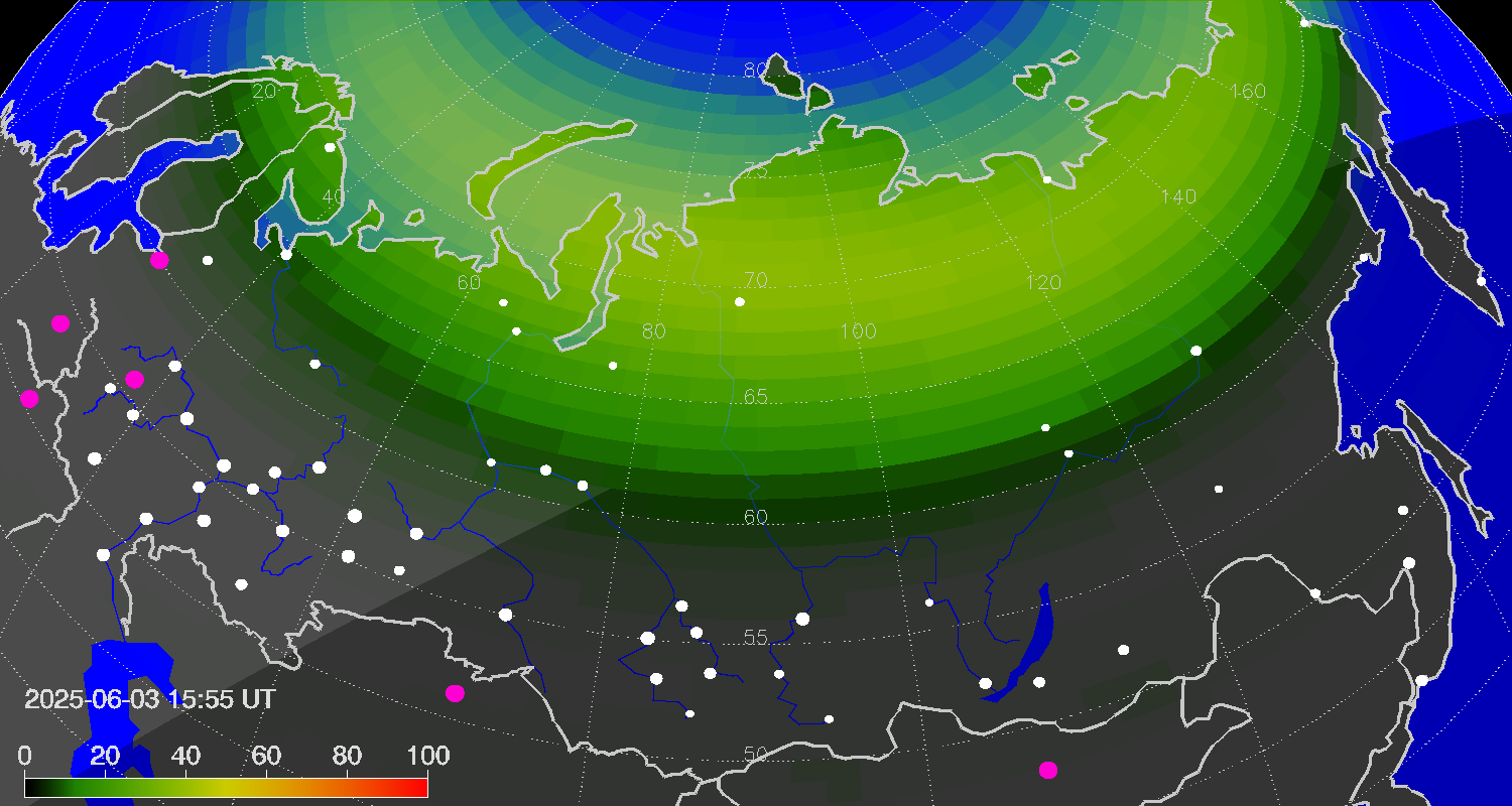 Northern lights (auroras) over Russian Federation