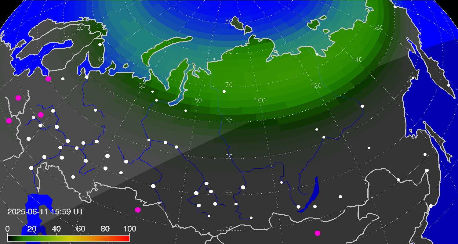 Northern lights (auroras) over Russian Federation