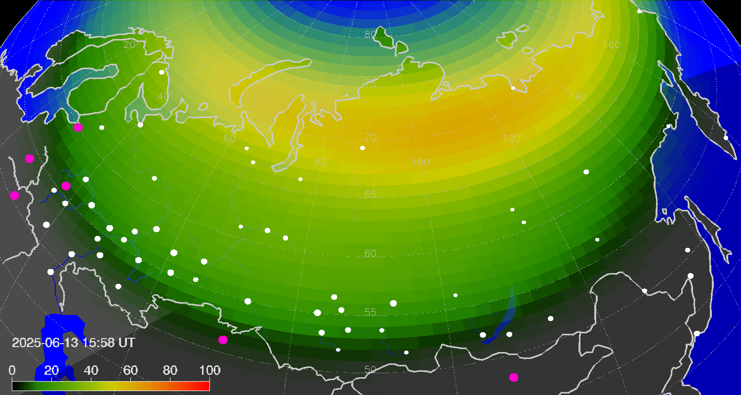 Northern lights (auroras) over Russian Federation