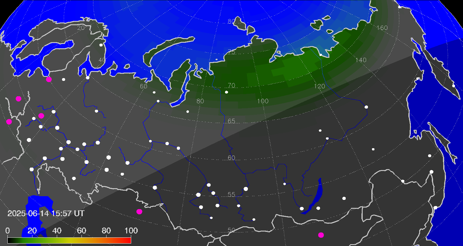 Northern lights (auroras) over Russian Federation