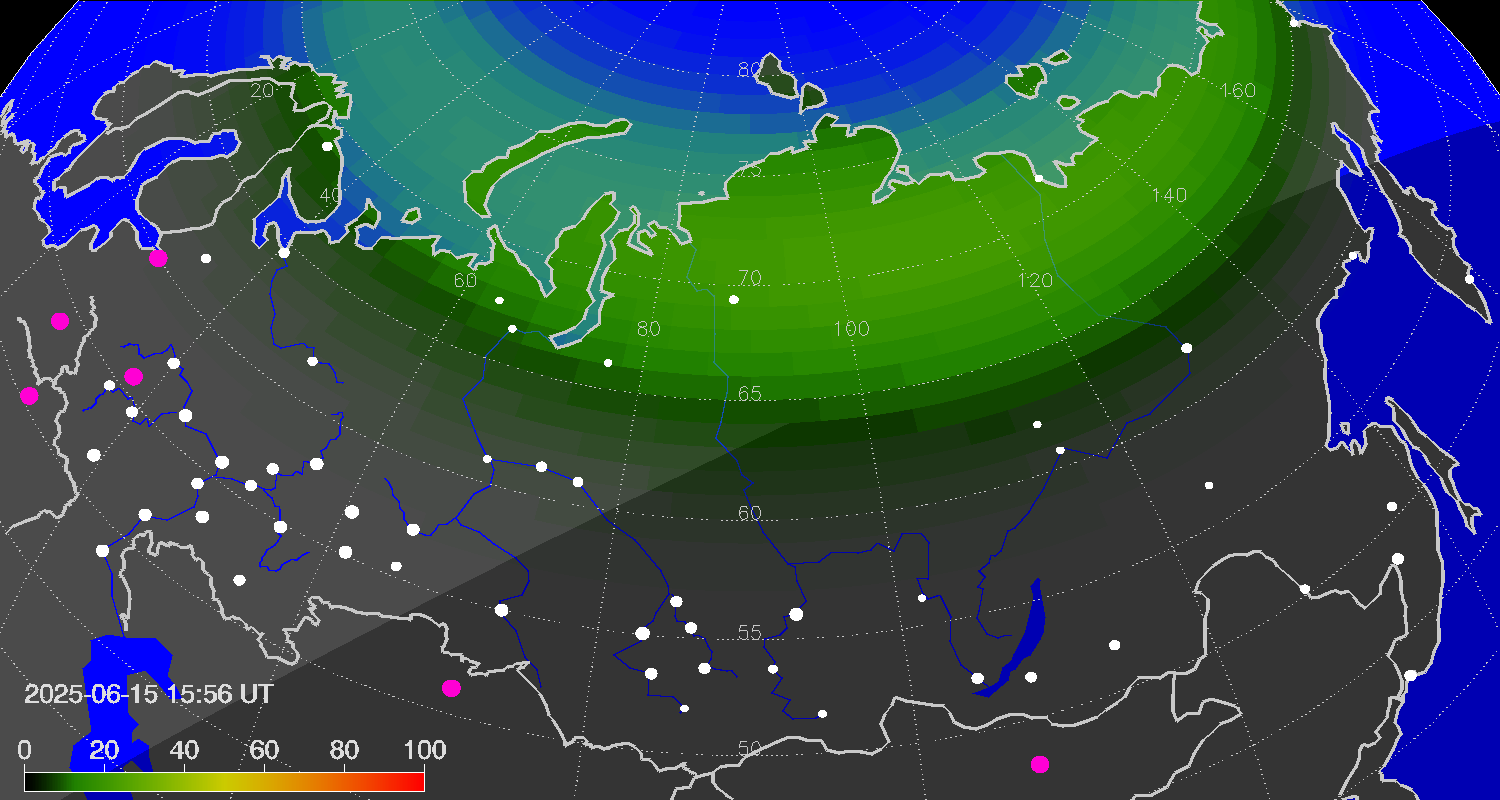 Northern lights (auroras) over Russian Federation