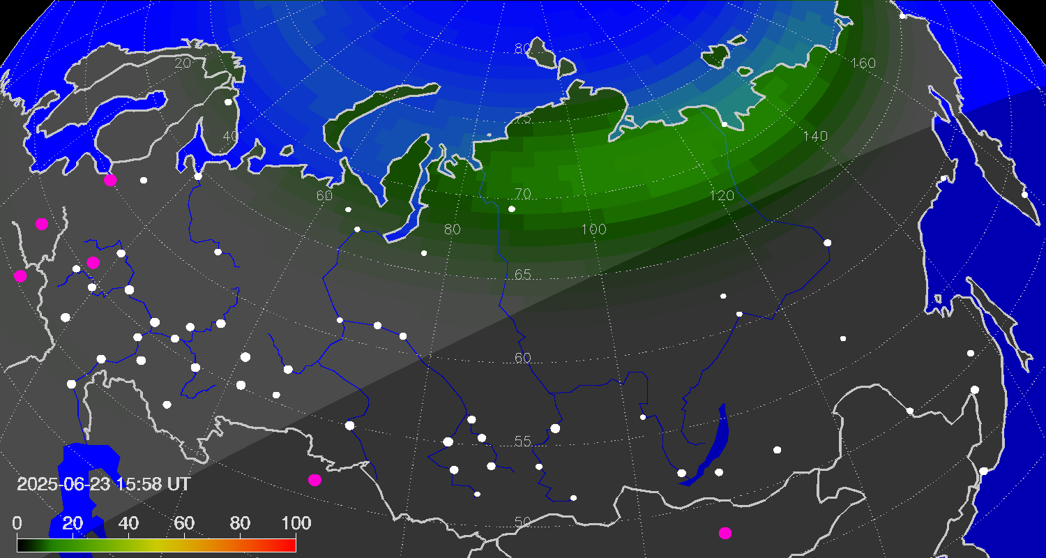 Northern lights (auroras) over Russian Federation