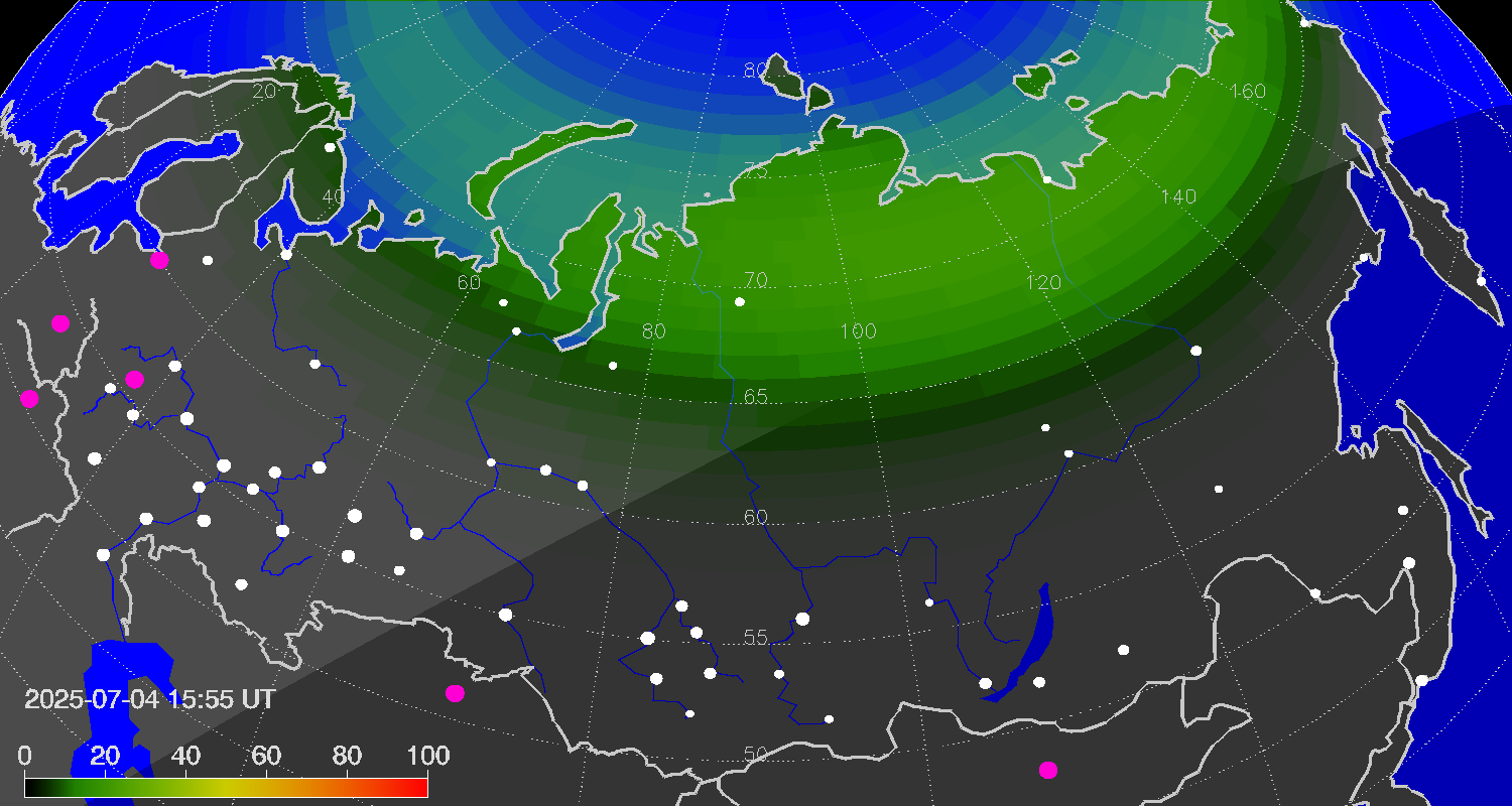 Northern lights (auroras) over Russian Federation