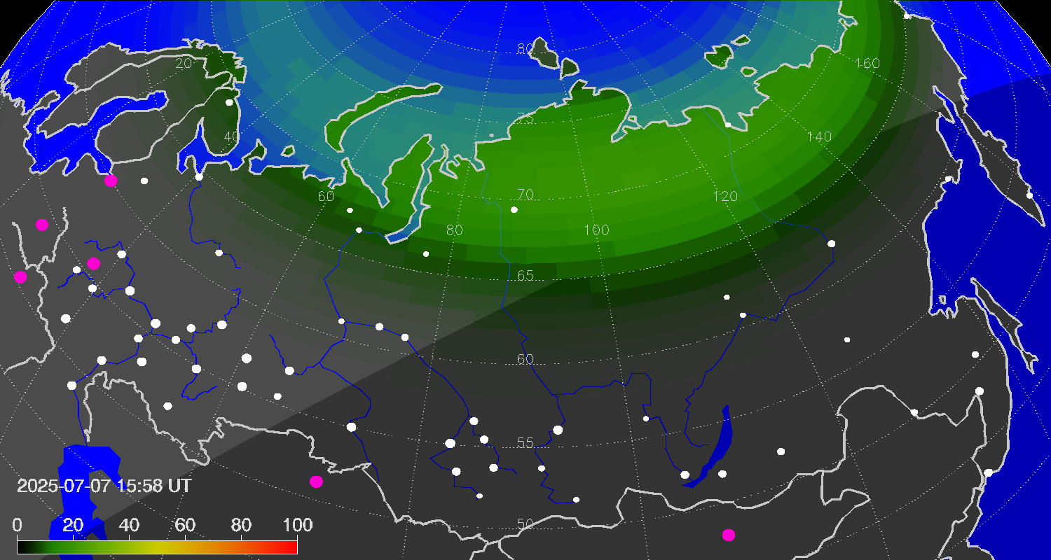 Northern lights (auroras) over Russian Federation