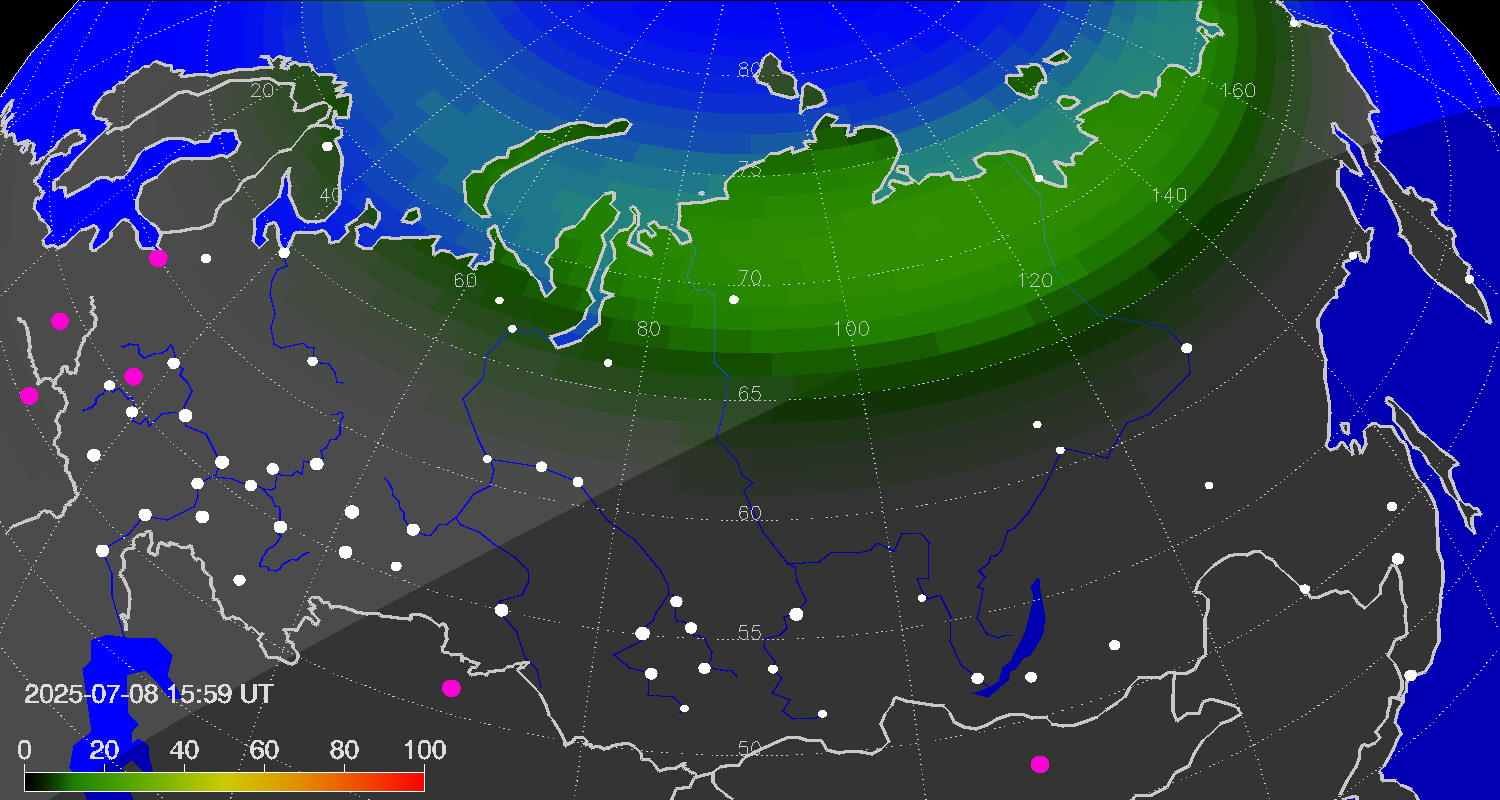 Northern lights (auroras) over Russian Federation