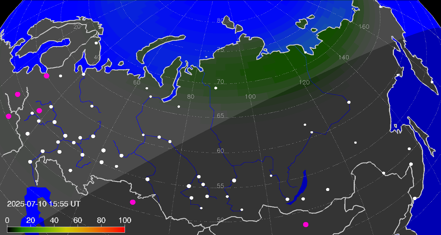 Northern lights (auroras) over Russian Federation