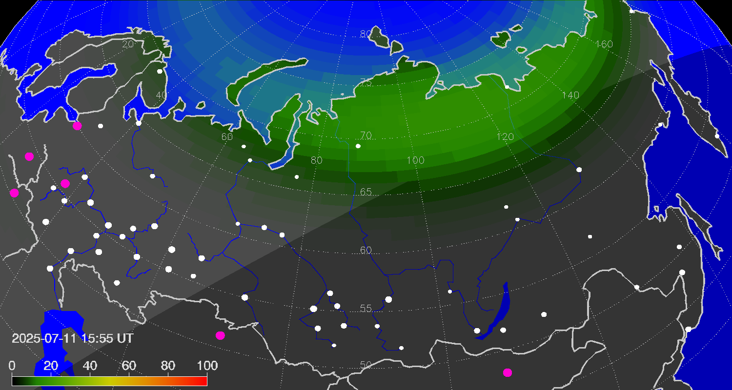 Northern lights (auroras) over Russian Federation