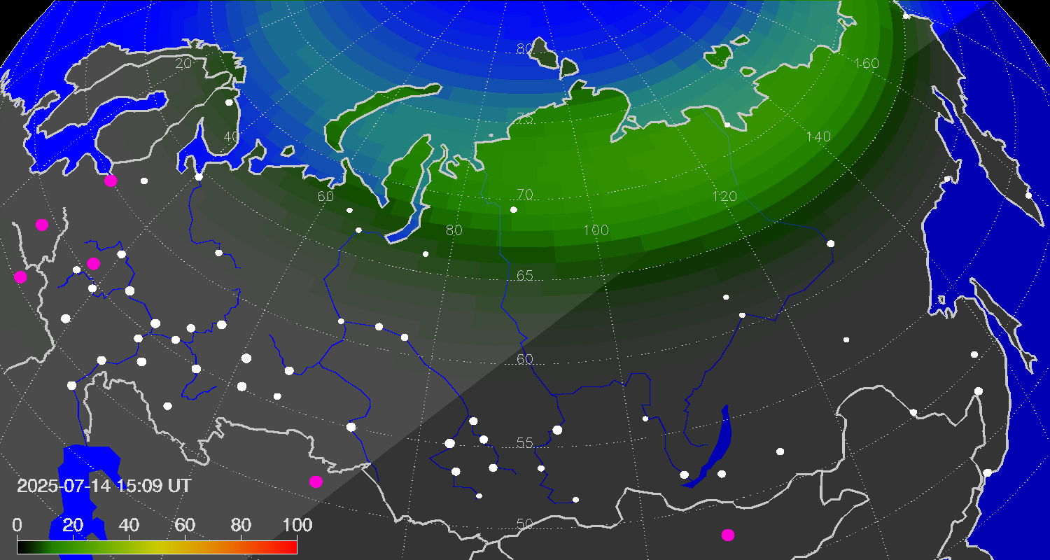 Northern lights (auroras) over Russian Federation