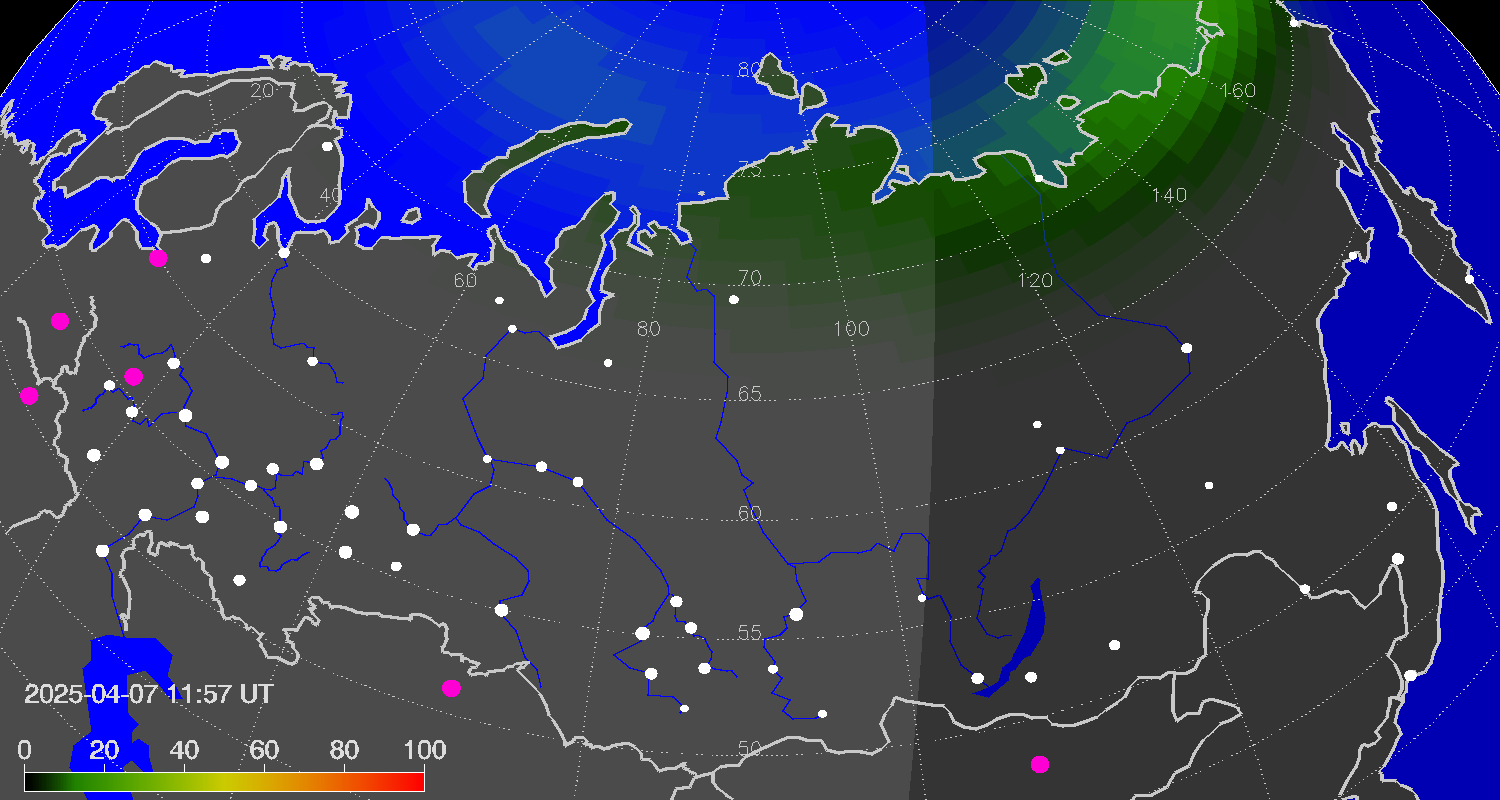 Northern lights (auroras) over Russian Federation