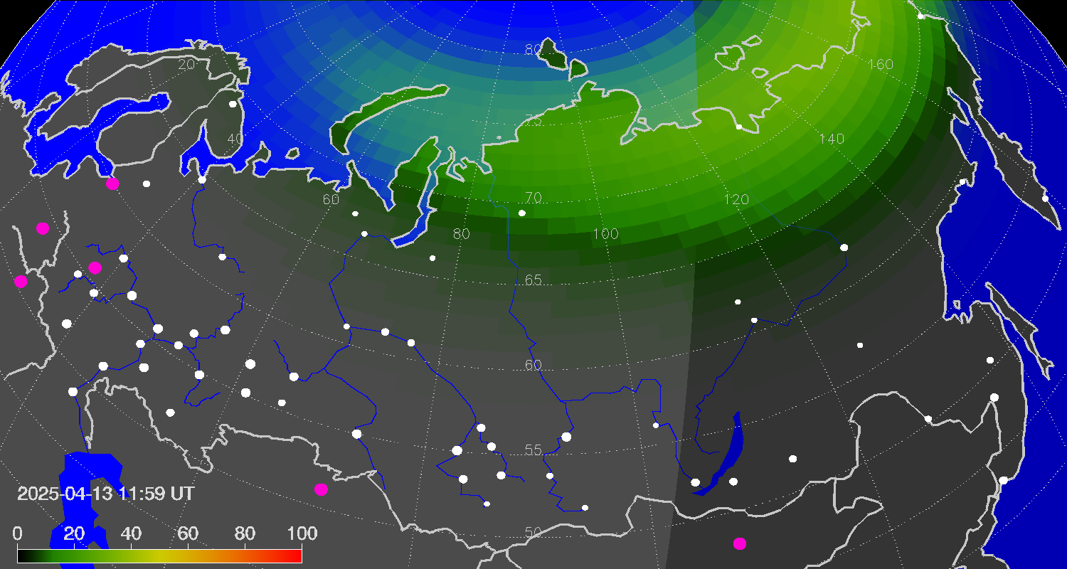 Northern lights (auroras) over Russian Federation