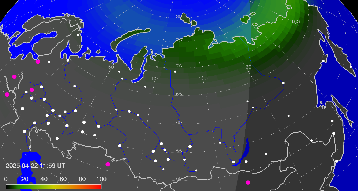 Northern lights (auroras) over Russian Federation