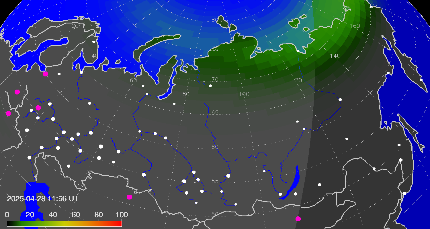 Northern lights (auroras) over Russian Federation