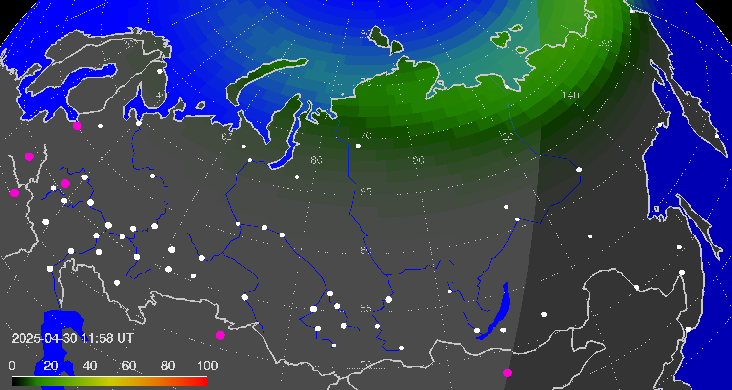 Northern lights (auroras) over Russian Federation