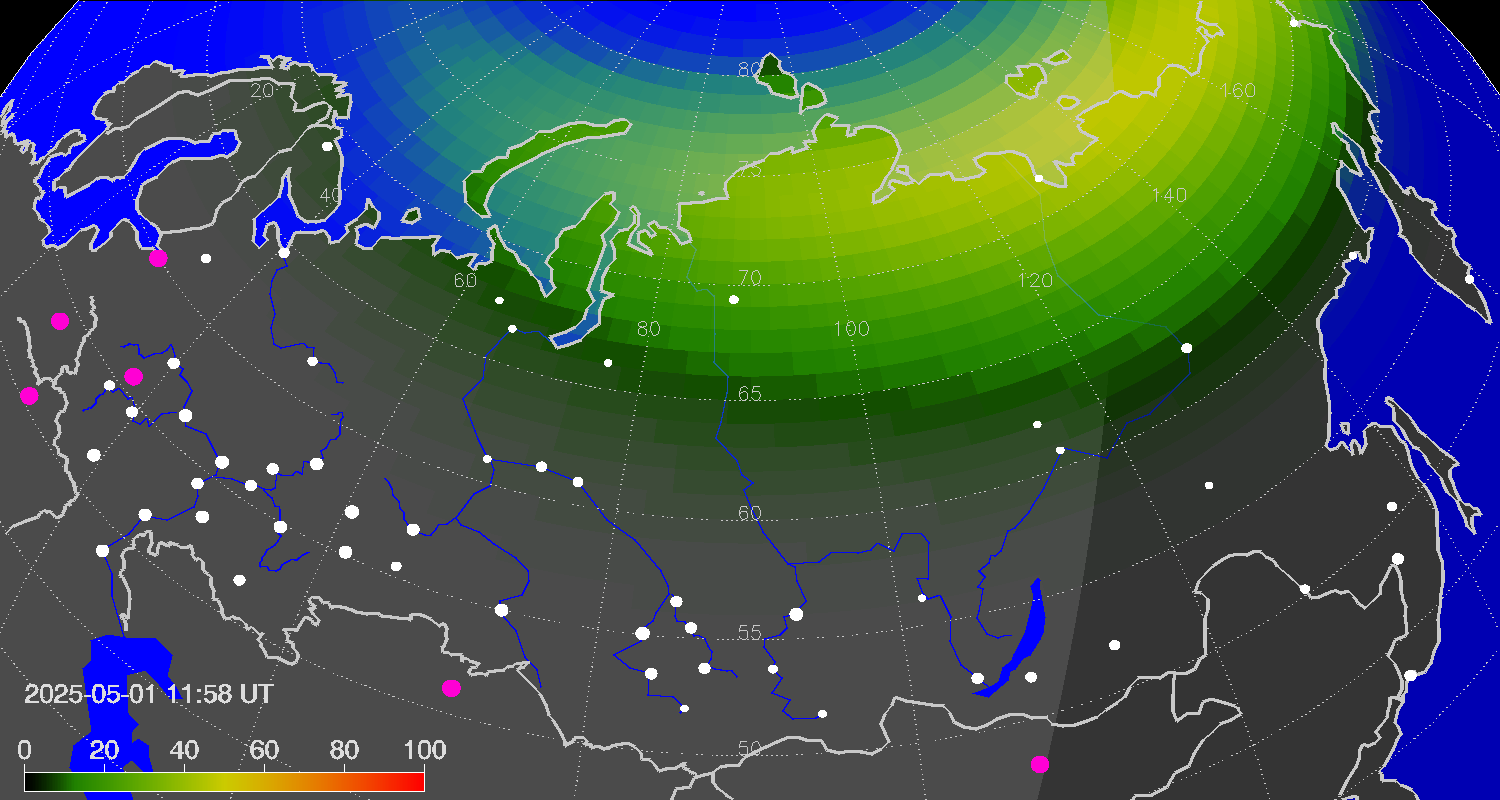 Northern lights (auroras) over Russian Federation