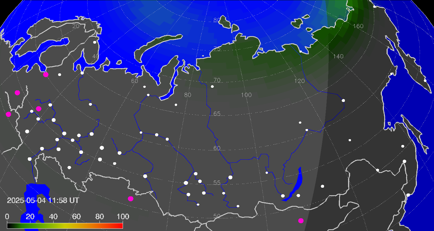Northern lights (auroras) over Russian Federation