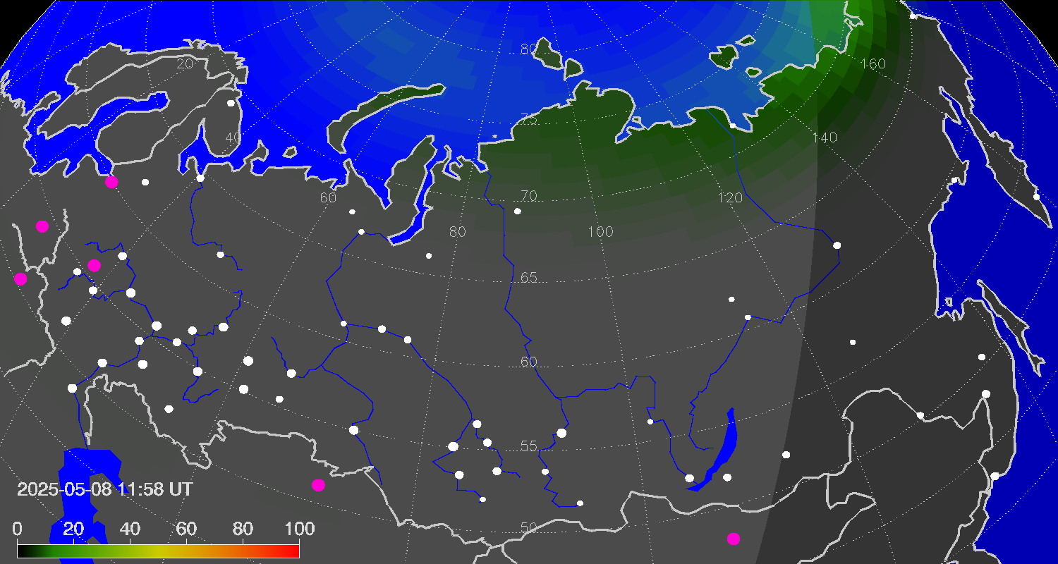 Northern lights (auroras) over Russian Federation