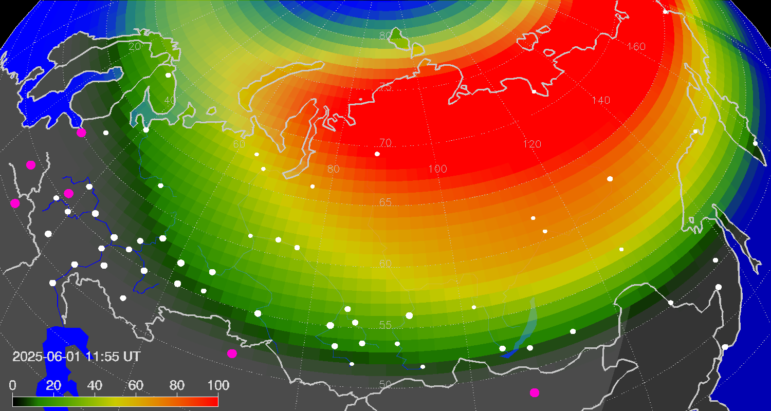 Northern lights (auroras) over Russian Federation
