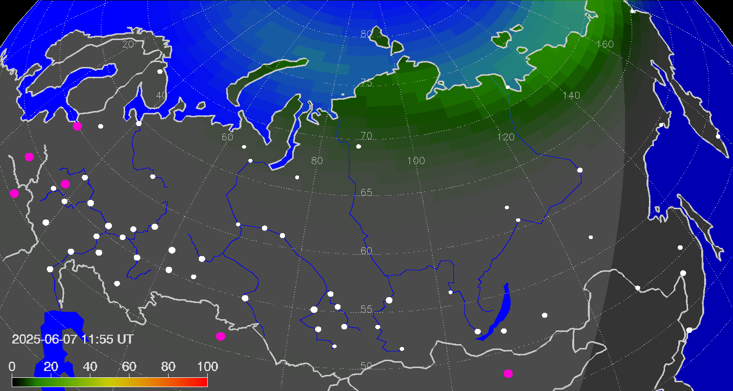 Northern lights (auroras) over Russian Federation