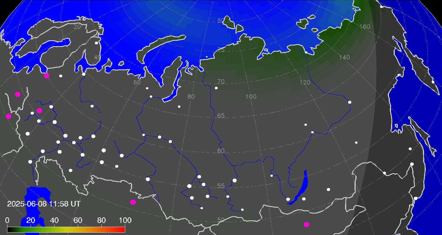 Northern lights (auroras) over Russian Federation