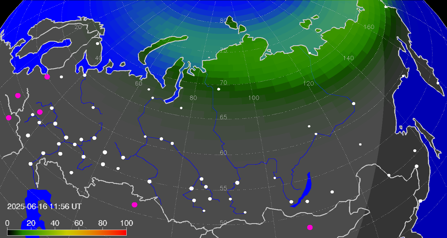 Northern lights (auroras) over Russian Federation