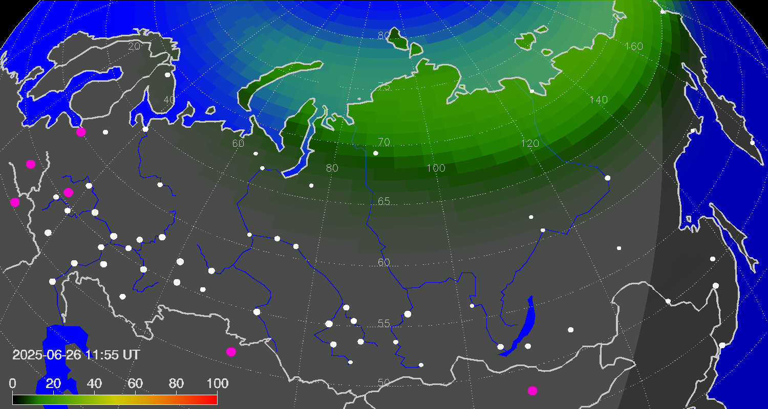 Northern lights (auroras) over Russian Federation
