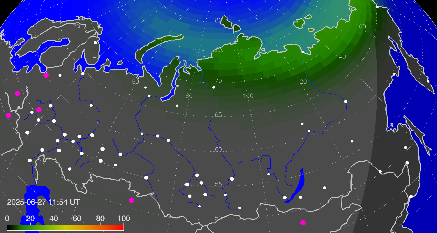 Northern lights (auroras) over Russian Federation