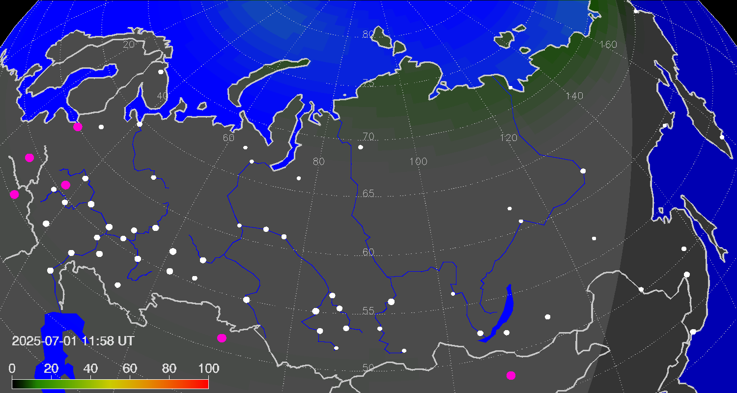 Northern lights (auroras) over Russian Federation