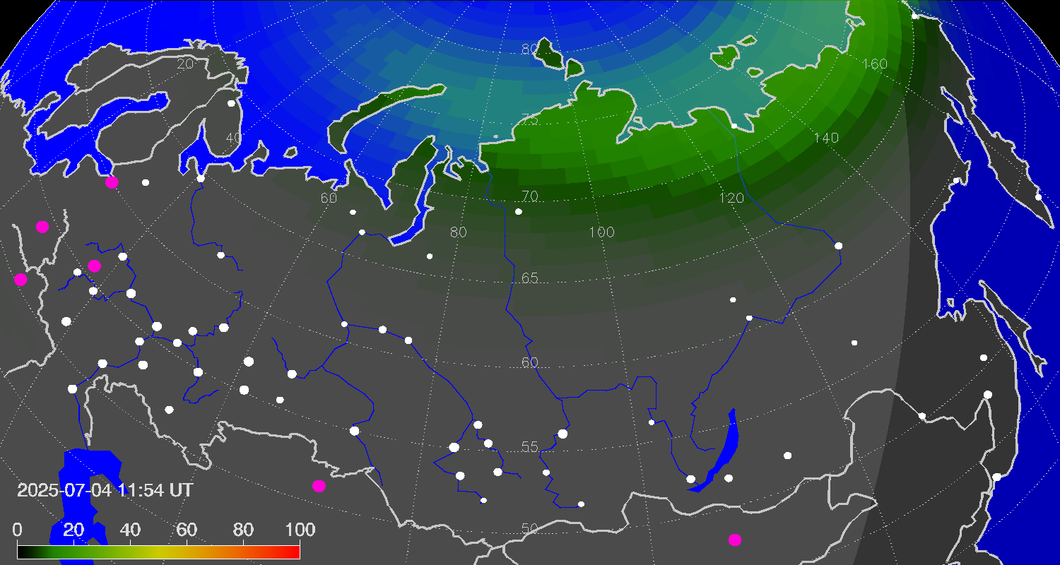 Northern lights (auroras) over Russian Federation