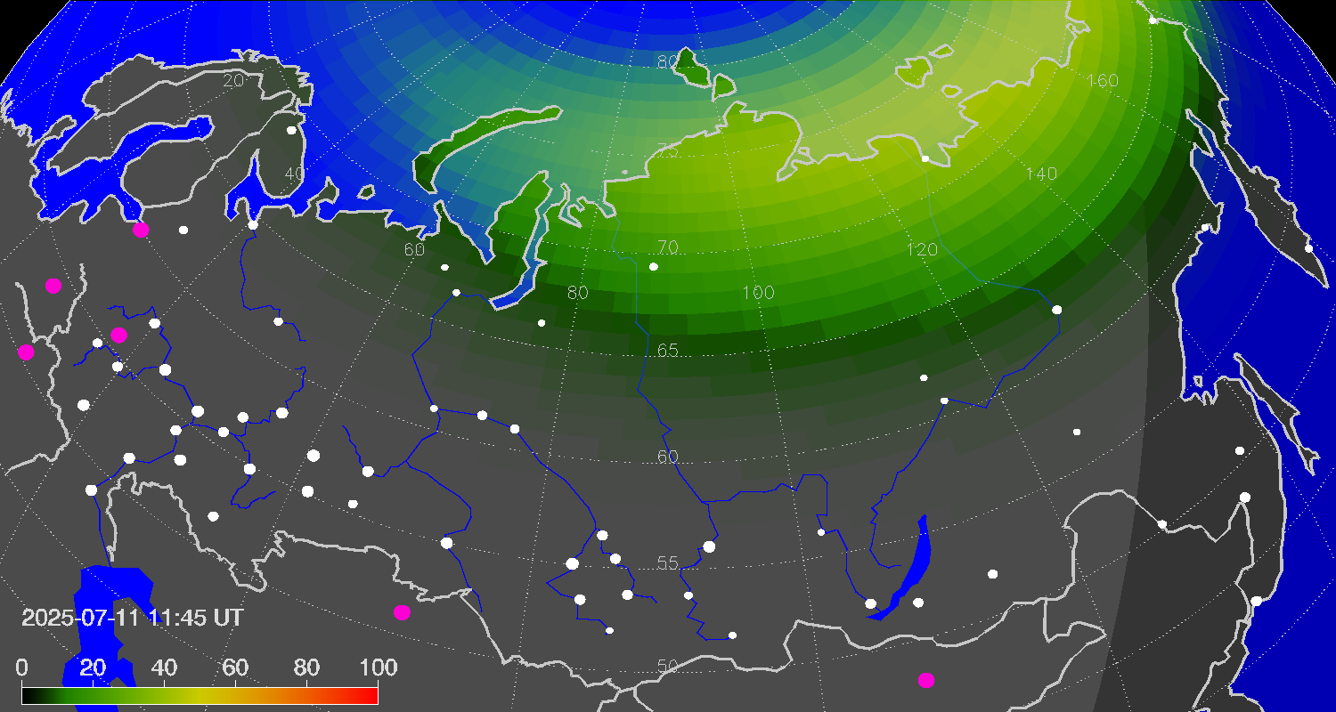 Northern lights (auroras) over Russian Federation