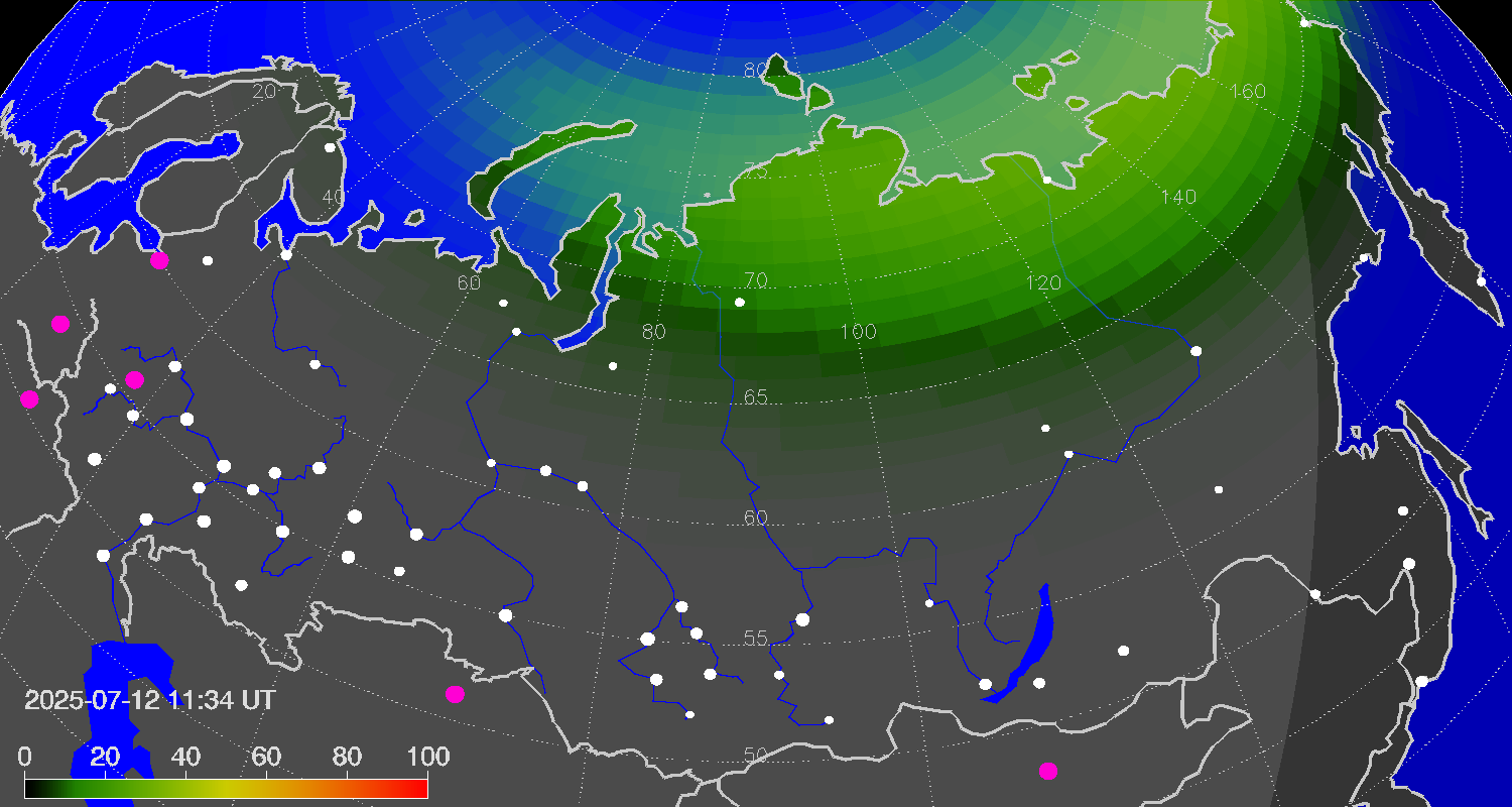 Northern lights (auroras) over Russian Federation