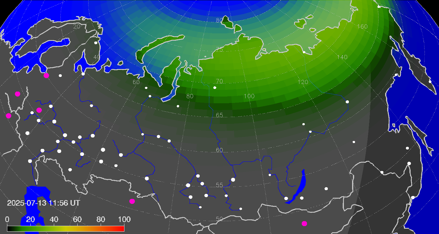 Northern lights (auroras) over Russian Federation