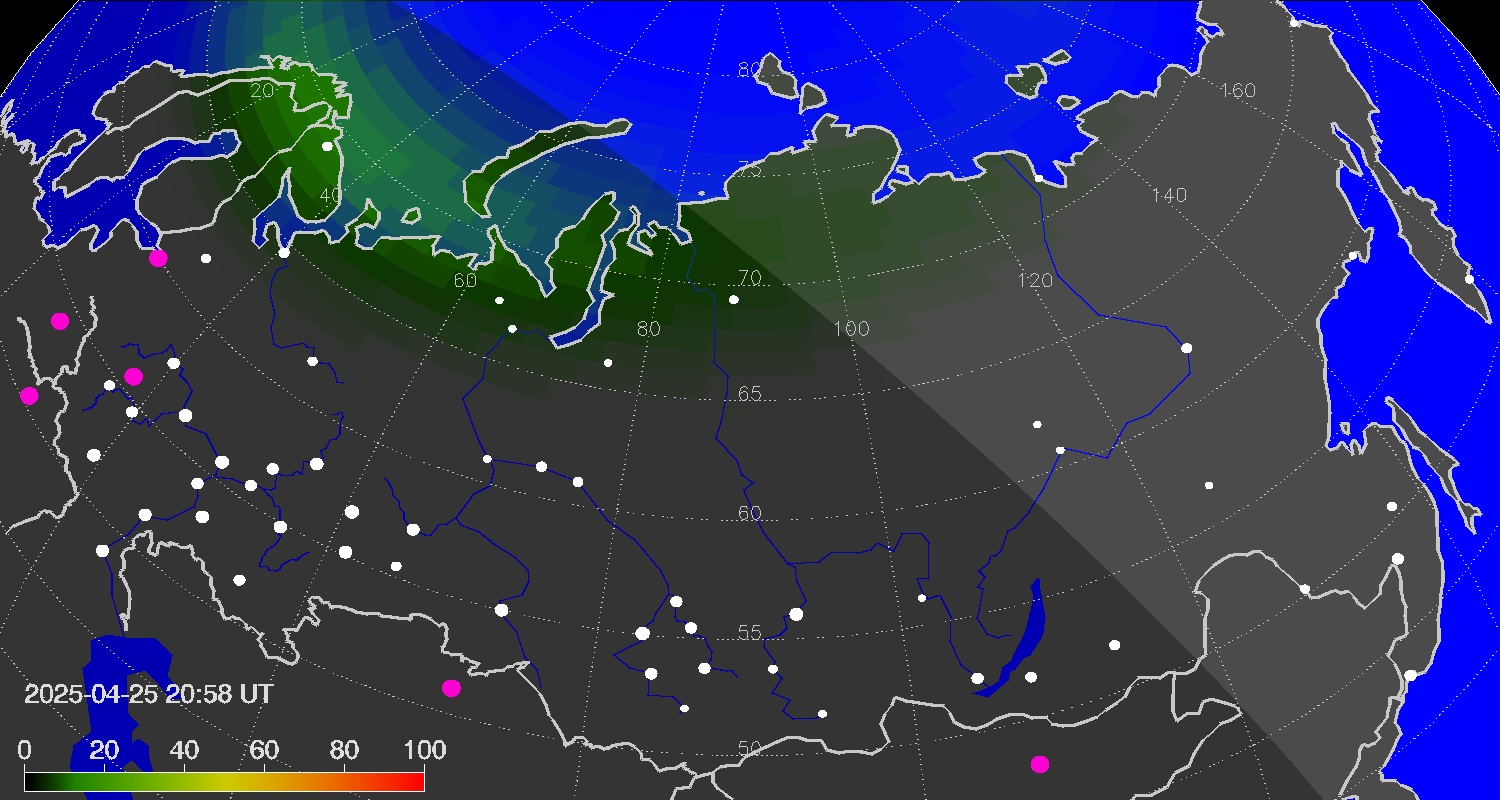 Northern lights (auroras) over Russian Federation