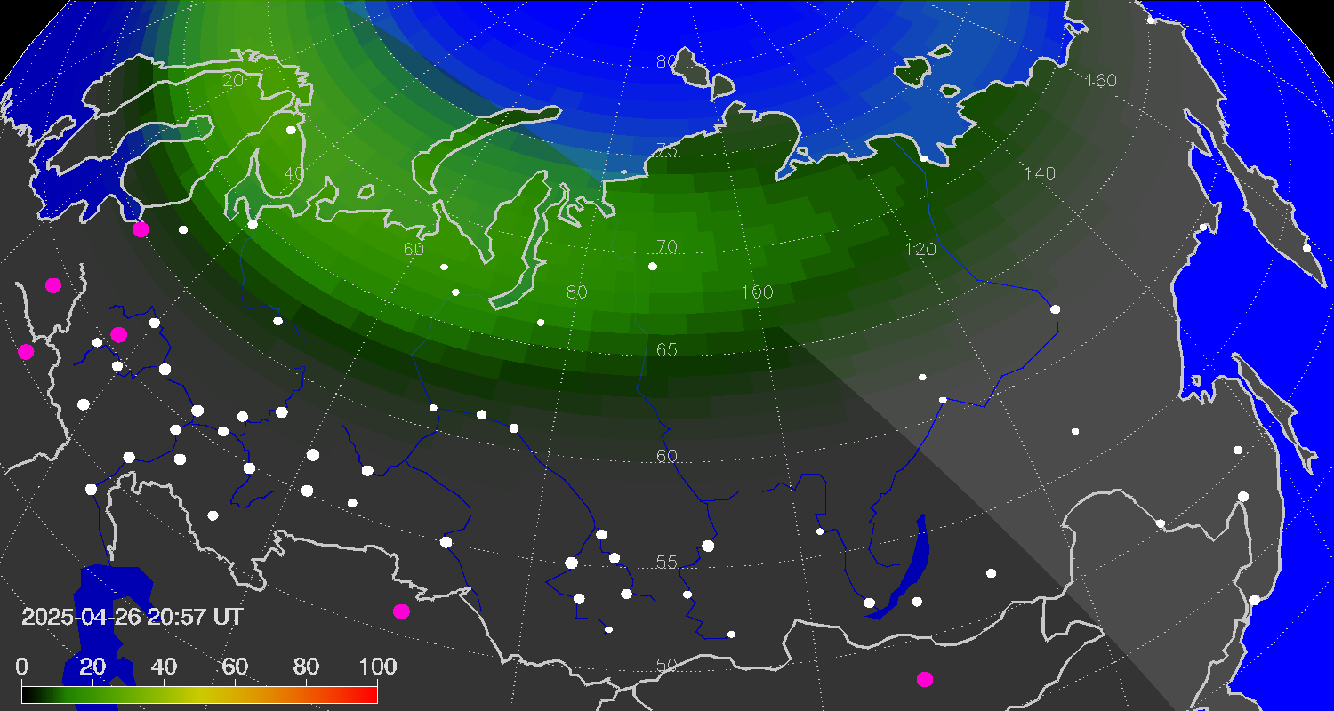 Northern lights (auroras) over Russian Federation