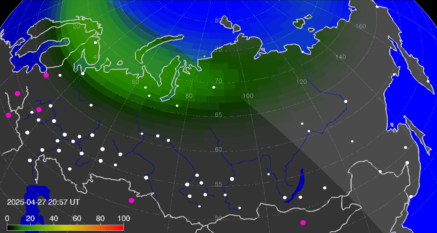 Northern lights (auroras) over Russian Federation