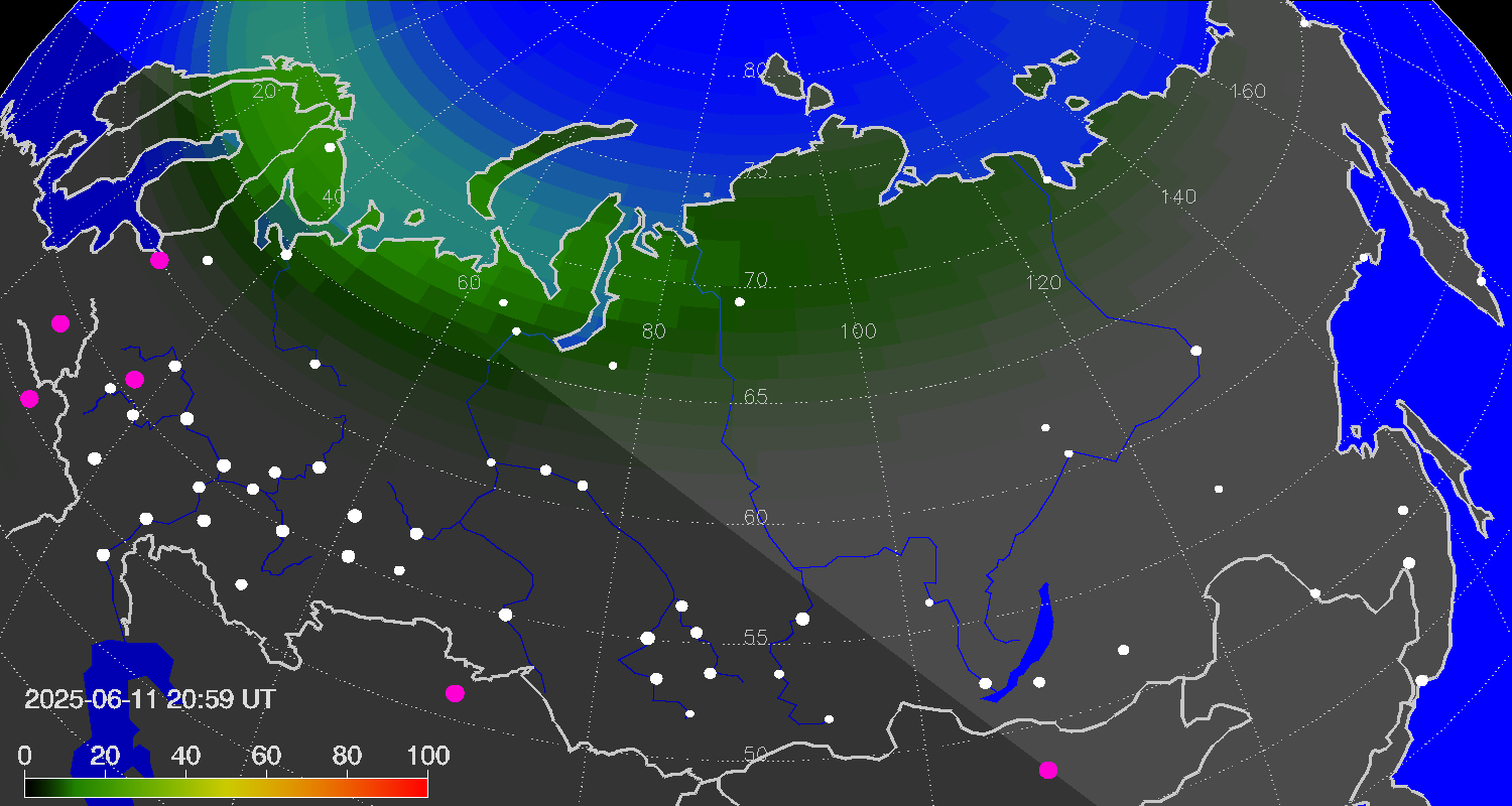 Northern lights (auroras) over Russian Federation