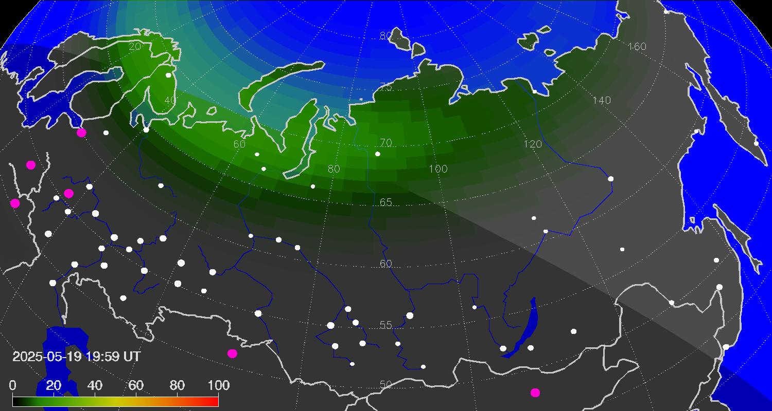 Northern lights (auroras) over Russian Federation