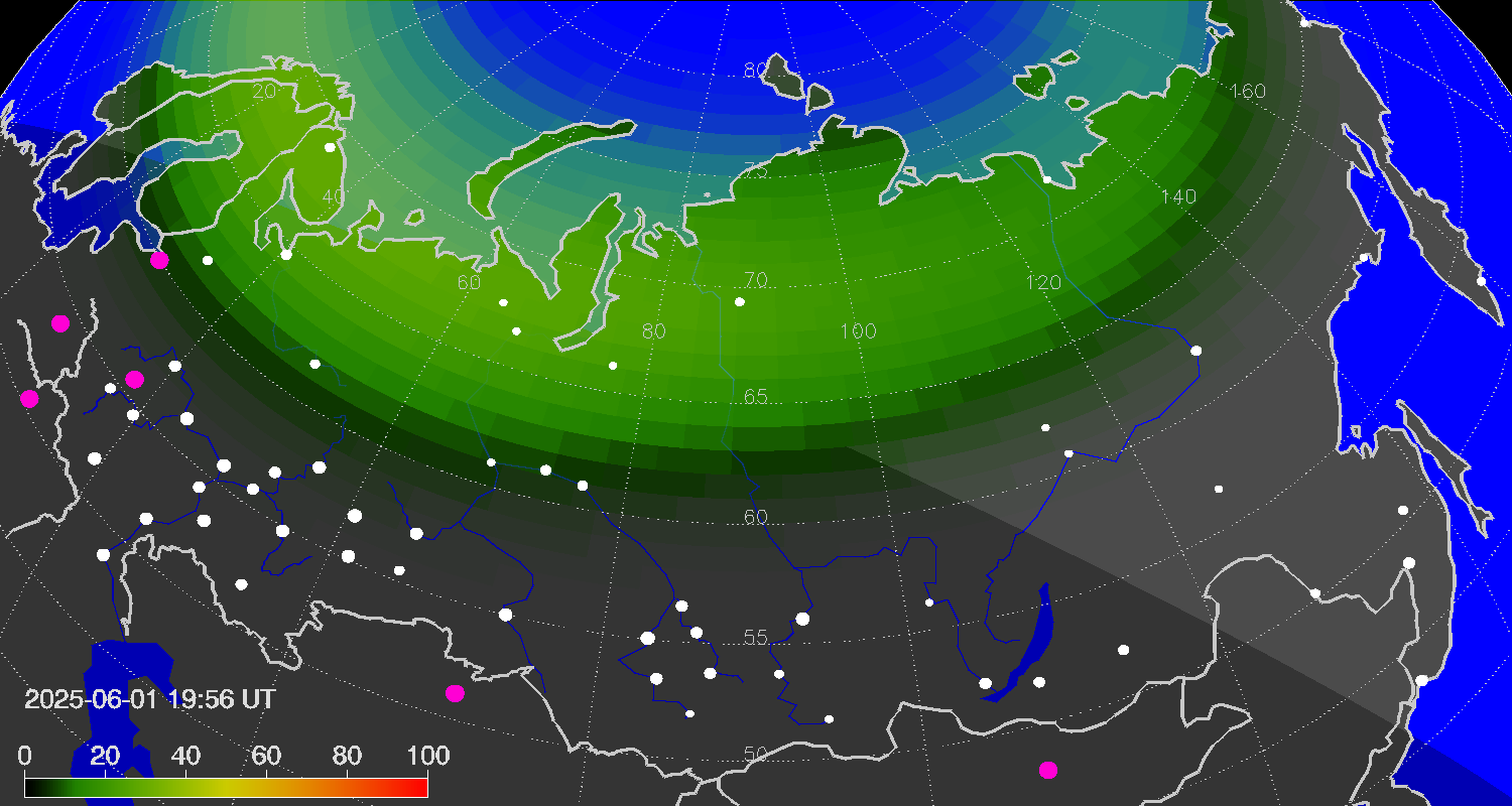 Northern lights (auroras) over Russian Federation