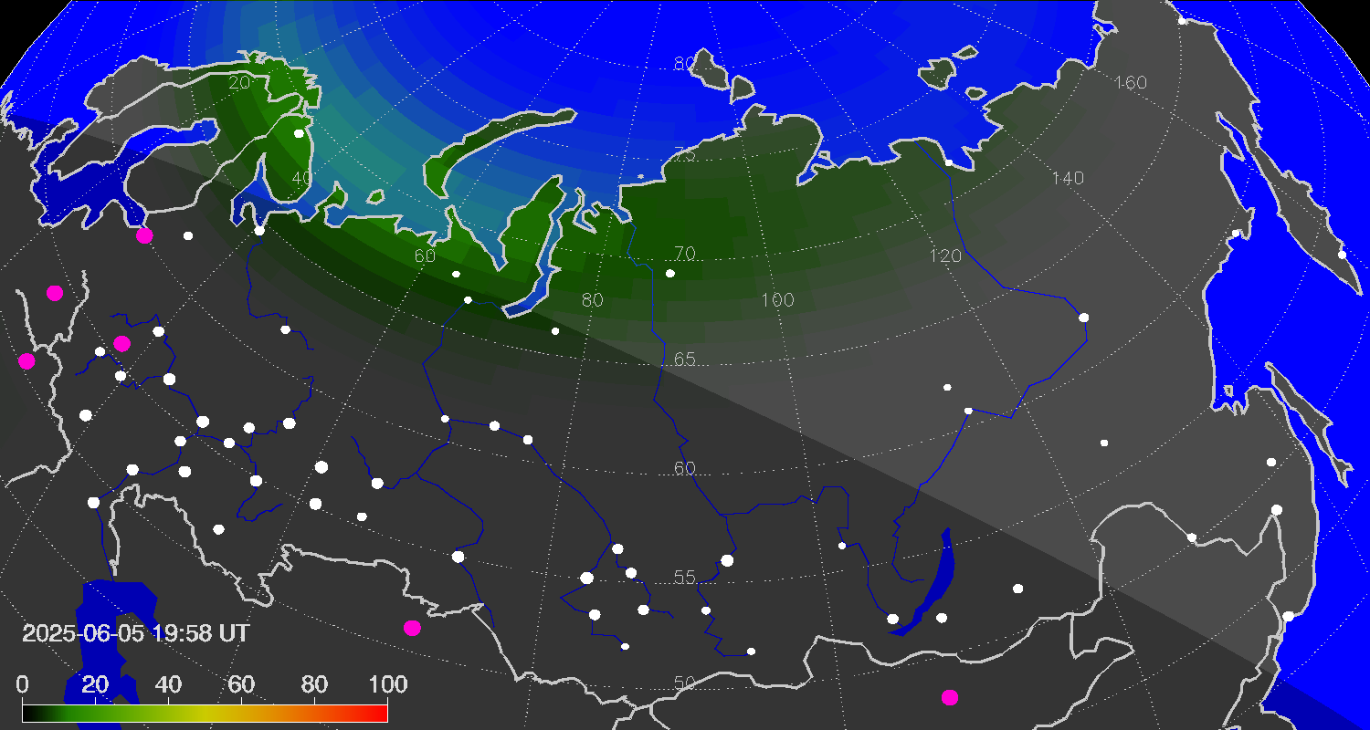 Northern lights (auroras) over Russian Federation