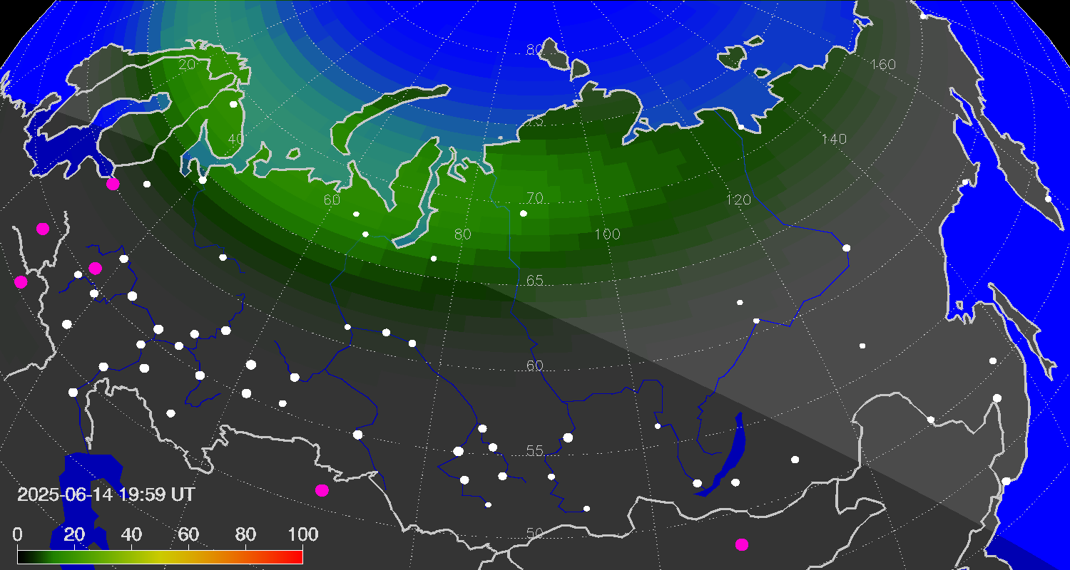 Northern lights (auroras) over Russian Federation