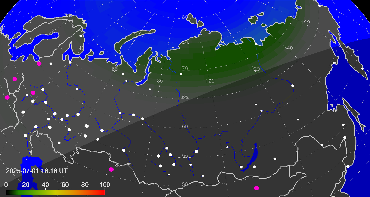 Northern lights (auroras) over Russian Federation