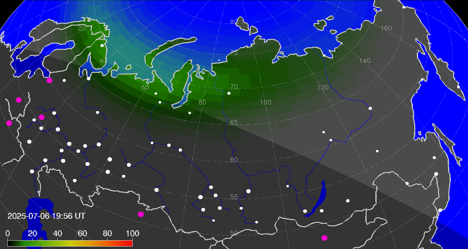 Northern lights (auroras) over Russian Federation