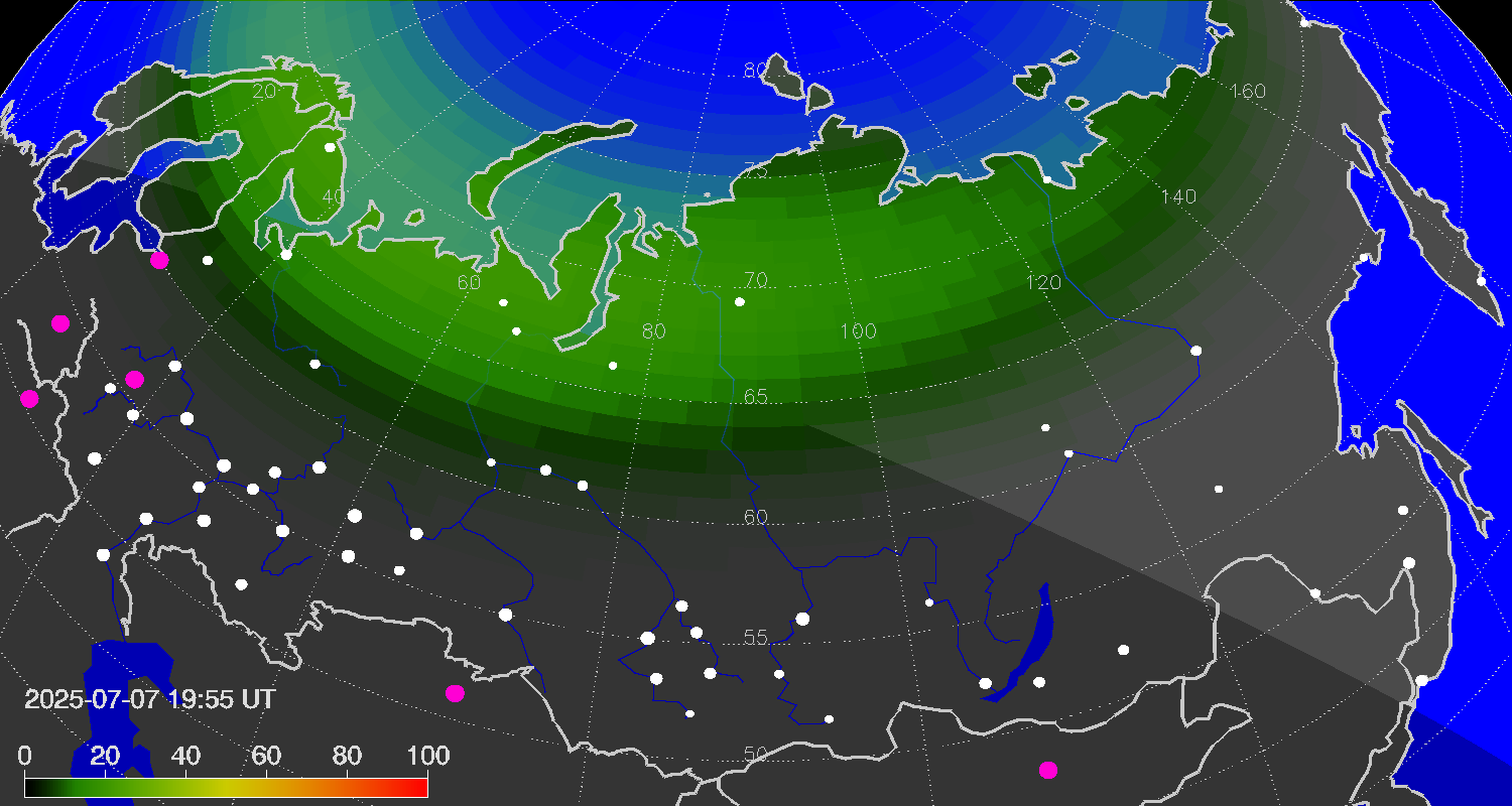 Northern lights (auroras) over Russian Federation