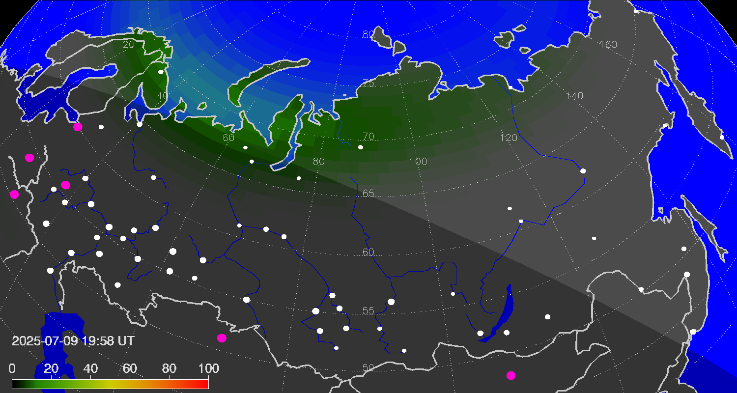 Northern lights (auroras) over Russian Federation
